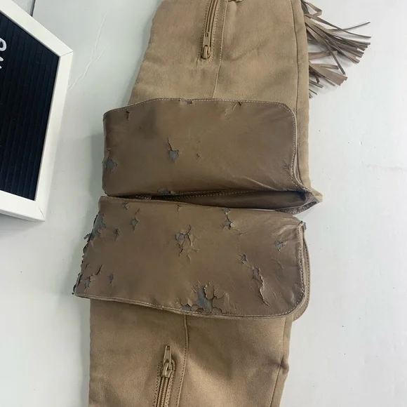 ShoeDazzle Tan Faux Suede Thigh High Stiletto Boots Tassel Lace Up 7.5 - Picture 8 of 11